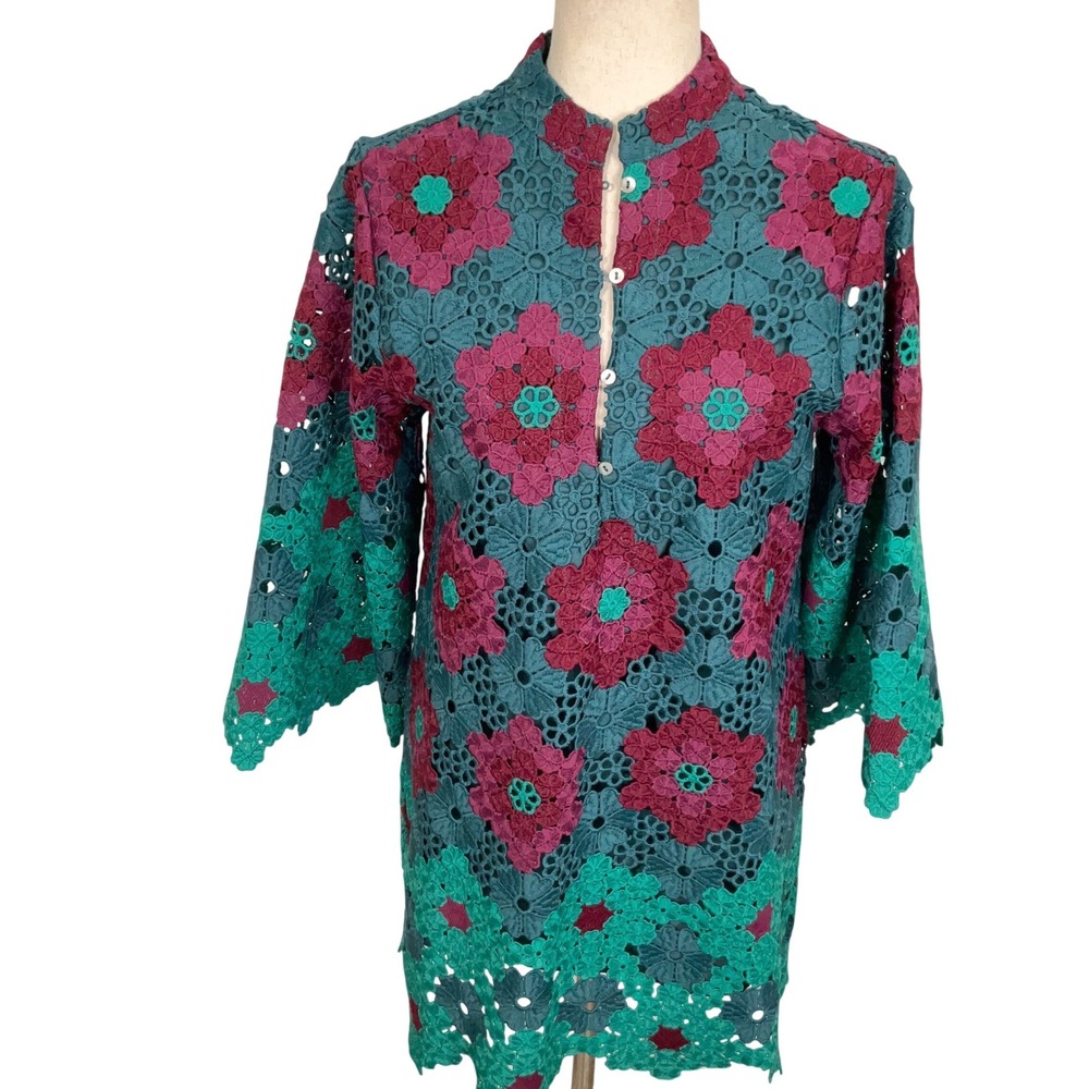 J. Marie Tunic Dress Women XS Teal Floral Lace Boho Hippie Retro  JM4236-D